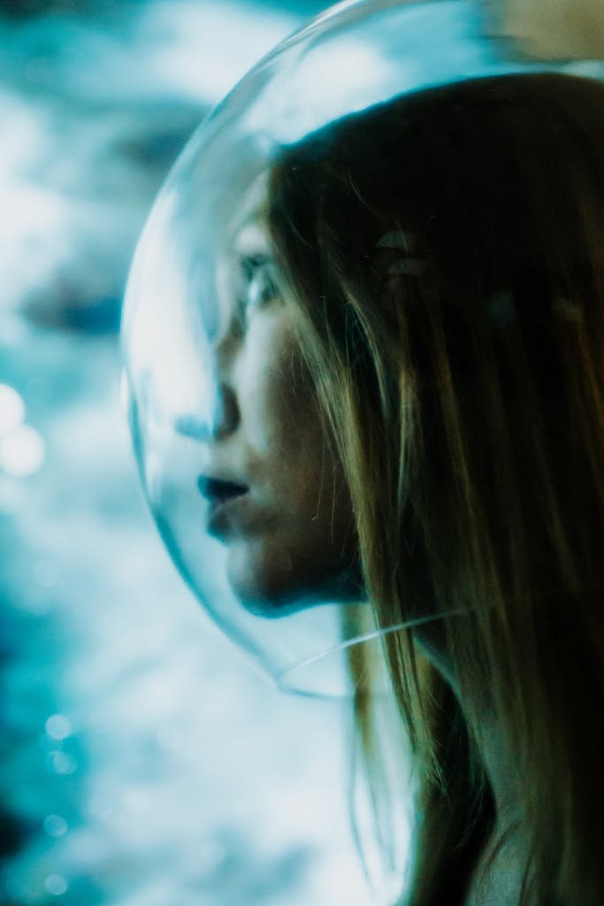 A dreamy close-up of a woman in a glass helmet with a blurred background, evoking a sense of wonder.