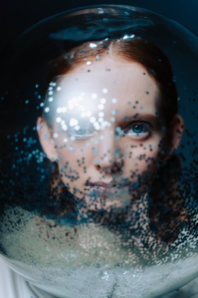 Innovative close-up portrait featuring a face reflected through a crystal ball with glitter enhancing the visual appeal.