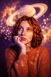 Young woman with curly hair gazes at light projections of stars and Saturn in a cosmic-themed portrait.
